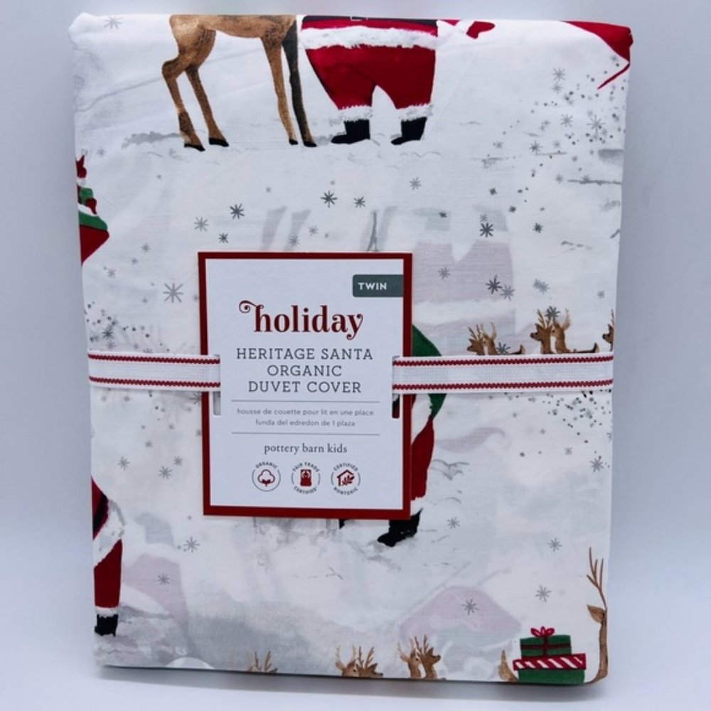 POTTERY BARN KIDS HERITAGE SANTA ORGANIC TWIN DUVET COVER NWT